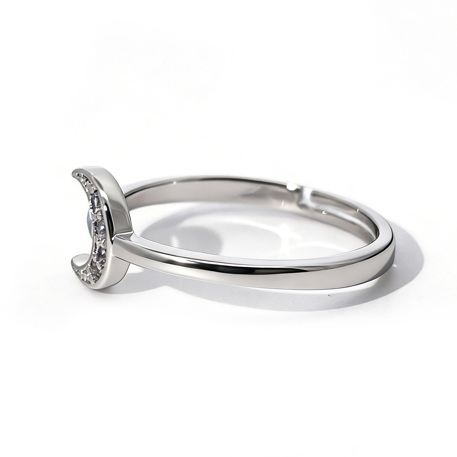 18K Gold Crescent Moon Ring, CZ Stackable Minimalist Promise Jewelry for Women