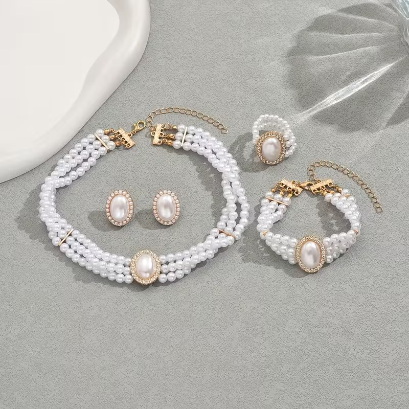 Pearl Jewellery Set Necklace Bracelet Ring Earrings Bridal Wedding Women Gift