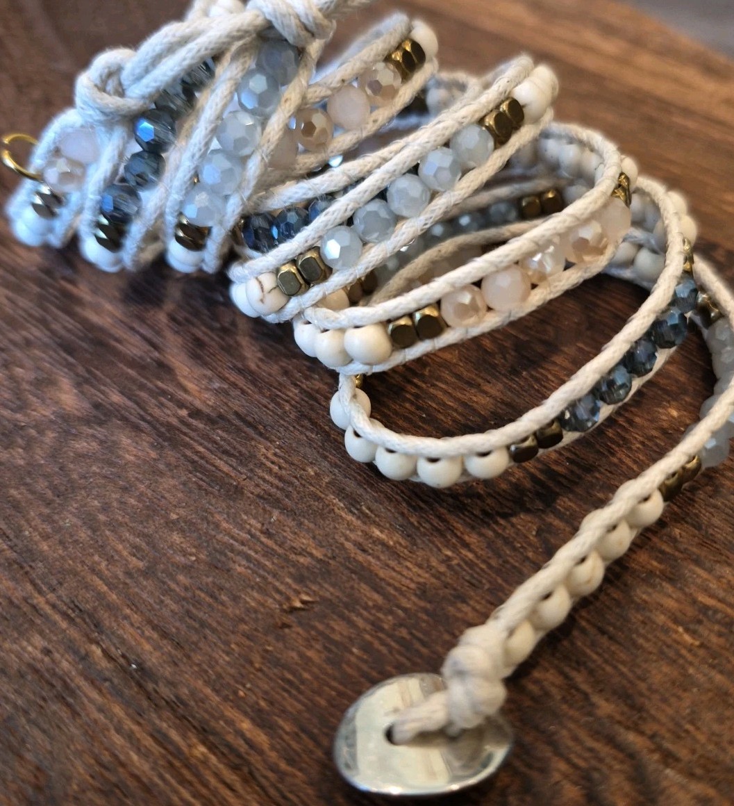 Liv Thai Boho Blue, Cream, Gold, & Gray Hues Faceted Bead Wrap Bracelet