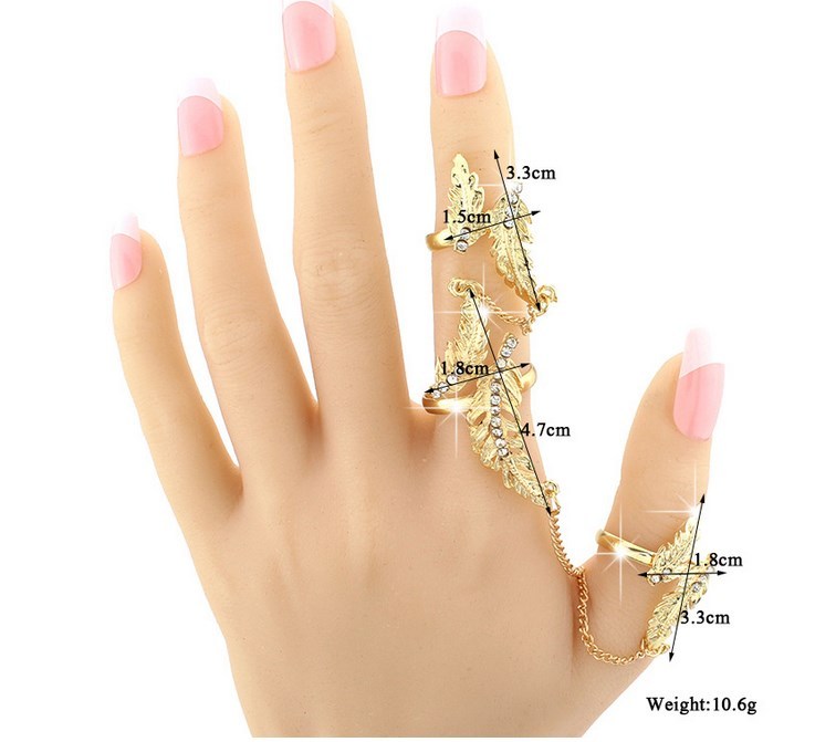 Gold Rhinestone Leaf Feather Slave Chain Link Flexible Joint Rings Gift Party AK