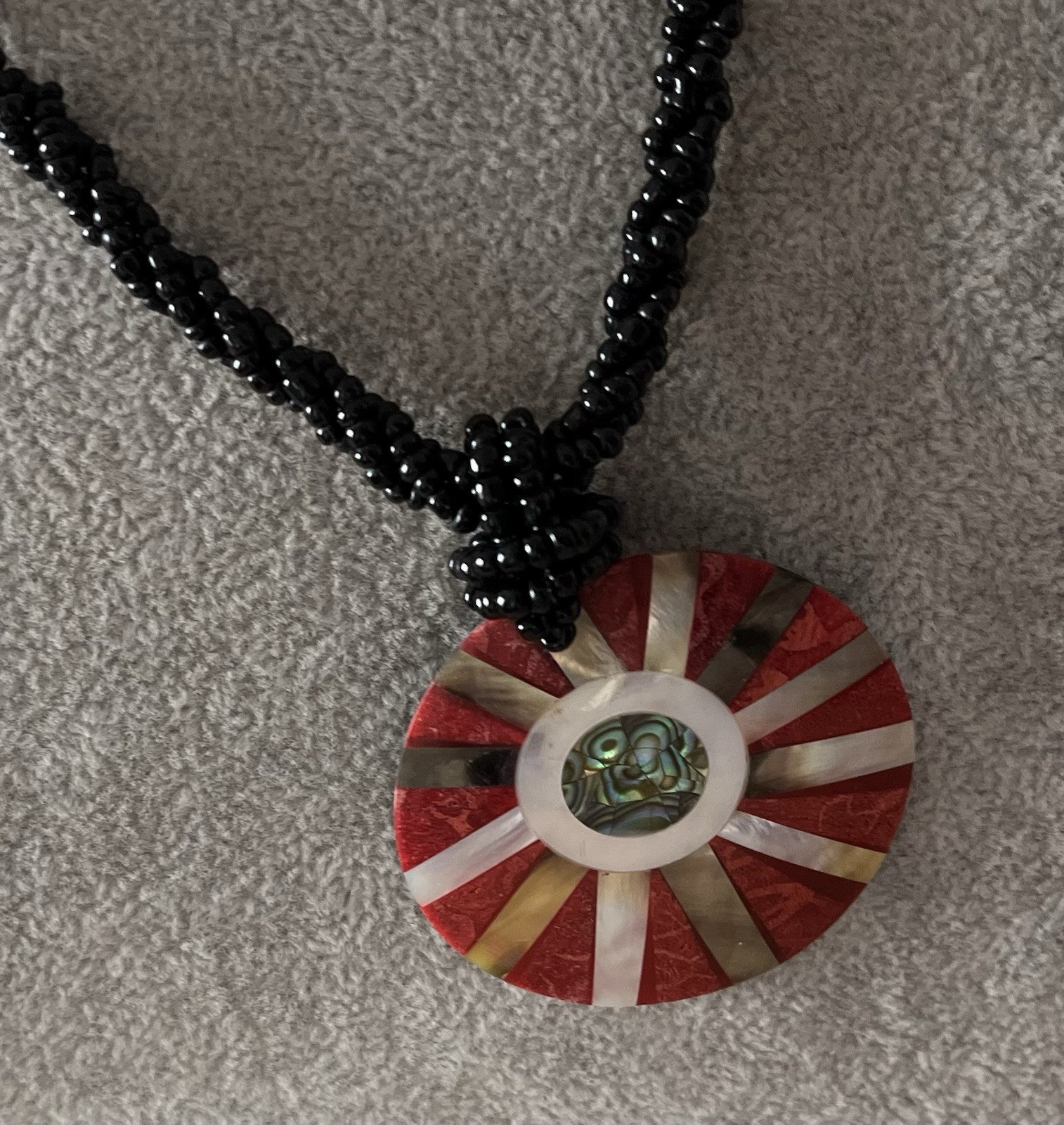 Mosaic Style Shell Pendant On Black Microbead Necklace, Very Good Condition