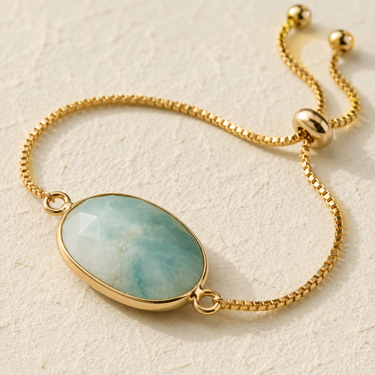 Natural Amazonite Oval Crystal Charm Bracelet | 18K Gold Plated | Vintage Boho