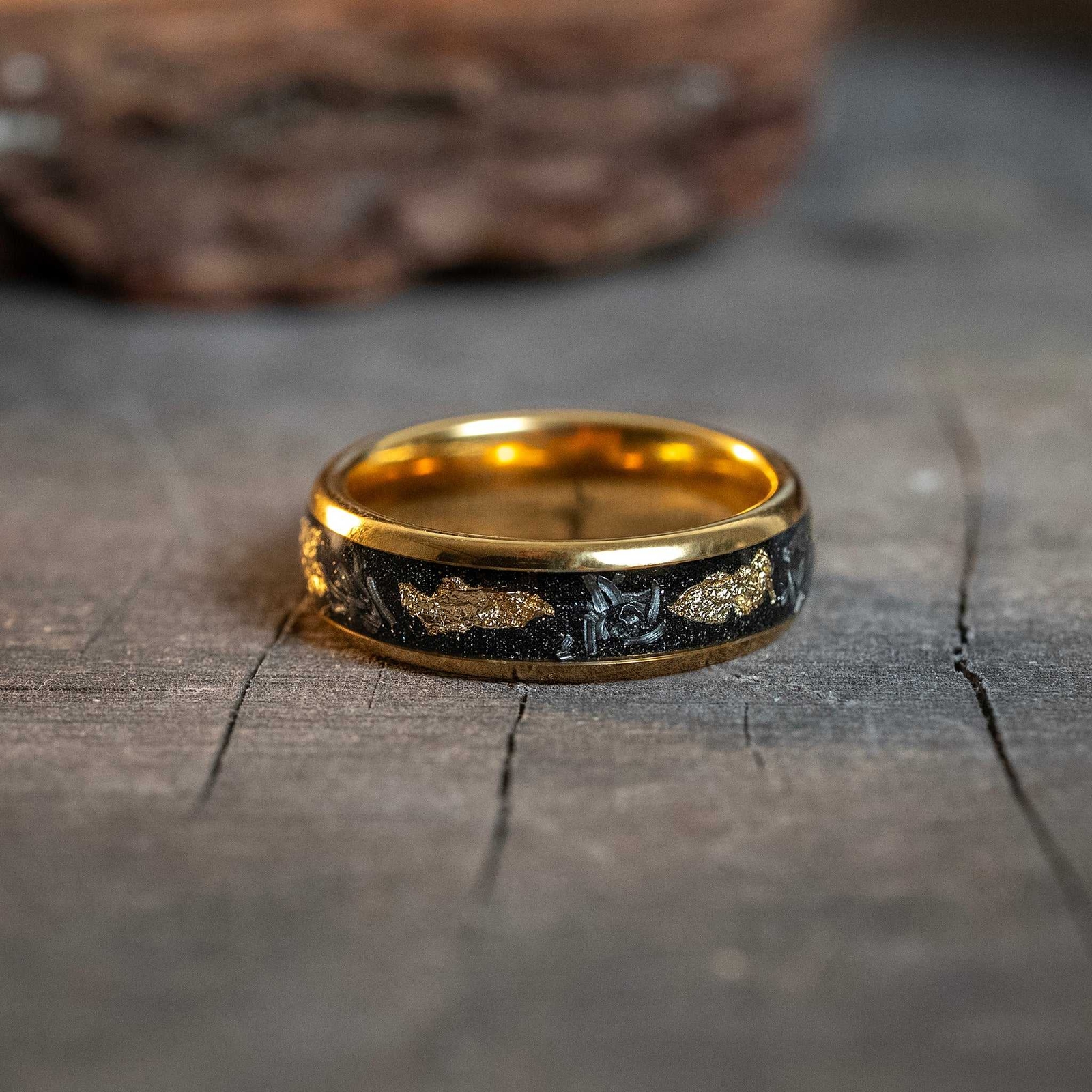 Meteorite Gold Leaf Tungsten Carbide Womens Wedding Ring Delicate 6mm Band