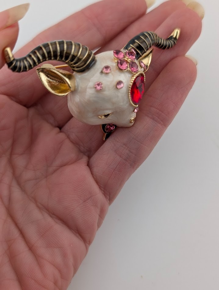 KITSCHY BAPHOMET BROOCH weird little bejeweled lamb goat ram aries devil pin N5