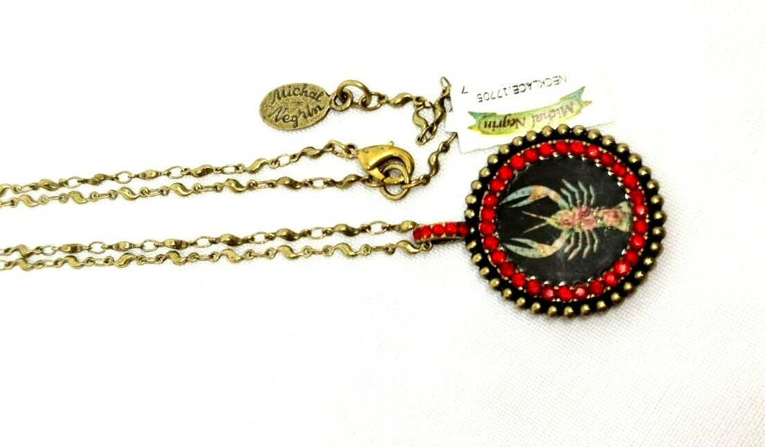 Lovely round Metal Necklace By Michal Negrin Red Crystal Cancer Sign.