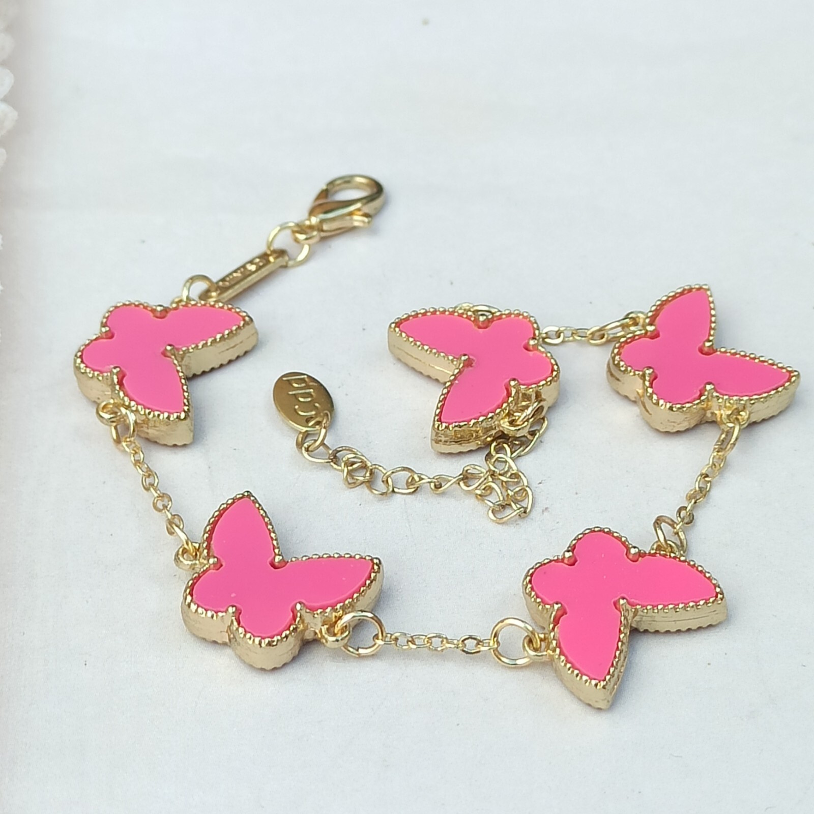 Pink Butterfly Bracelet Signed MINISO Gold Tone Station Girl Teen Gift Modernist