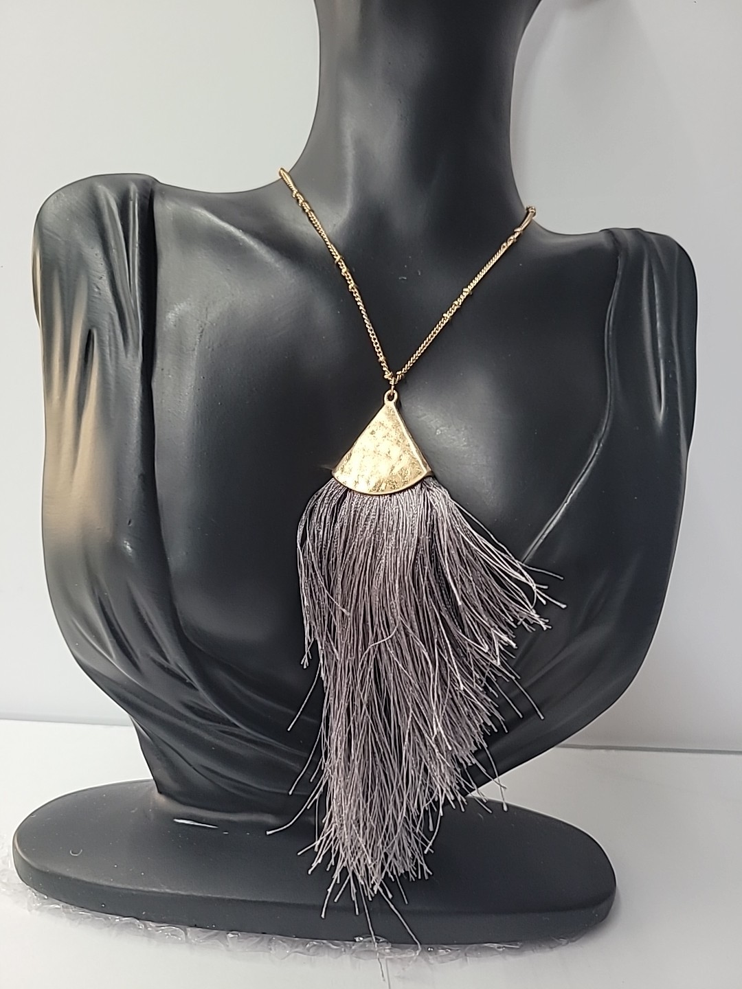 Vintage Gold Tone Hammered Fan Pendant Gray Tassel Necklace Boho Fringe Jewelry