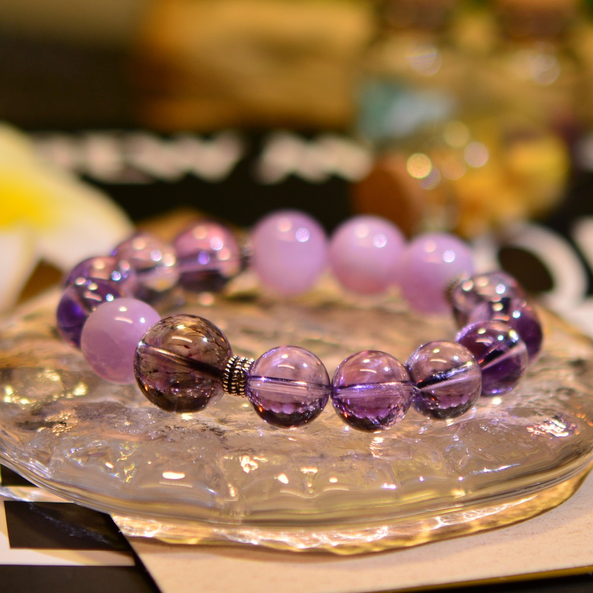 Women S925 Silver Natural Crystal Beaded Bracelet Amethyst Kunzite Super Seven