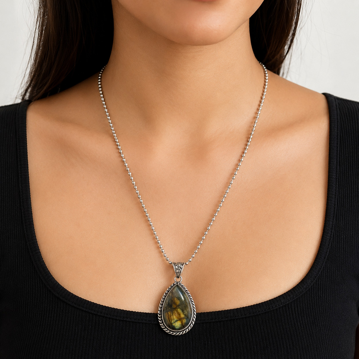 Natural Labradorite Pear Pendant Necklace 24″ Chain Healing Crystal Jewelry