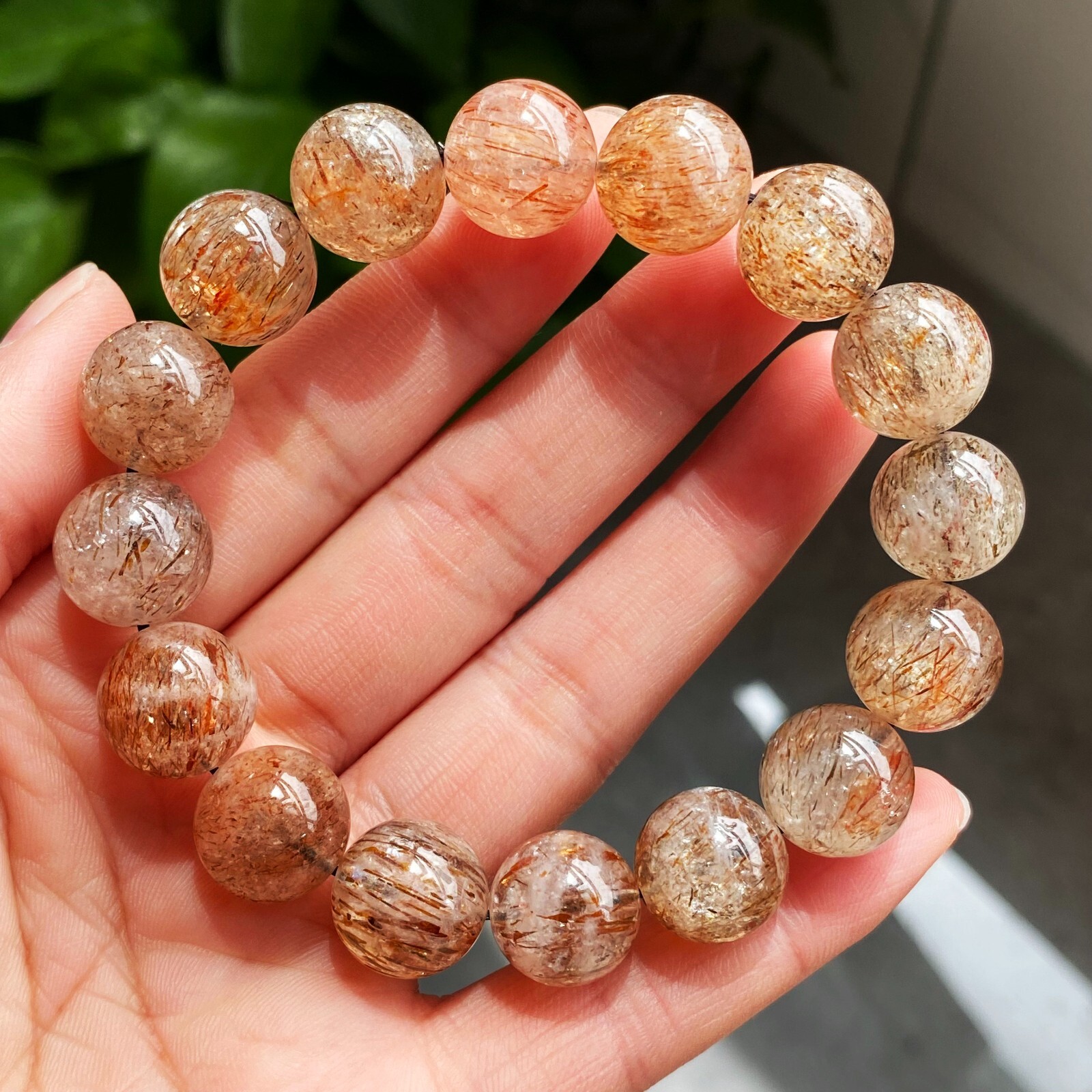 13.1mm Natural Red Gold Rutilated Super 7 Quartz Crystal Beads Bracelet 1701