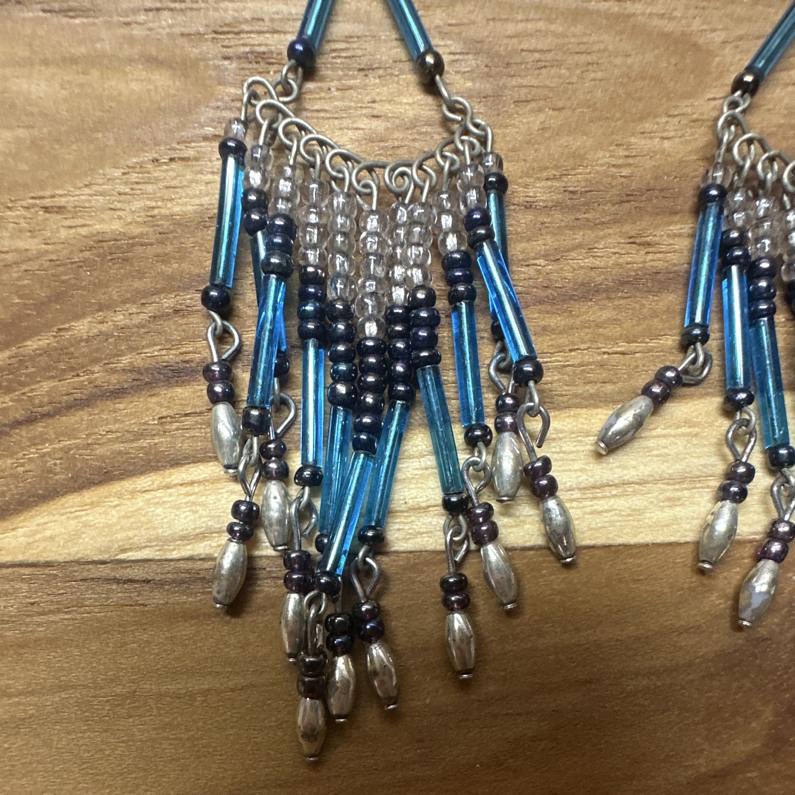 Handmade Blue Glass Tube Beaded Triangle Dangle Hook Earrings, Silver Tone