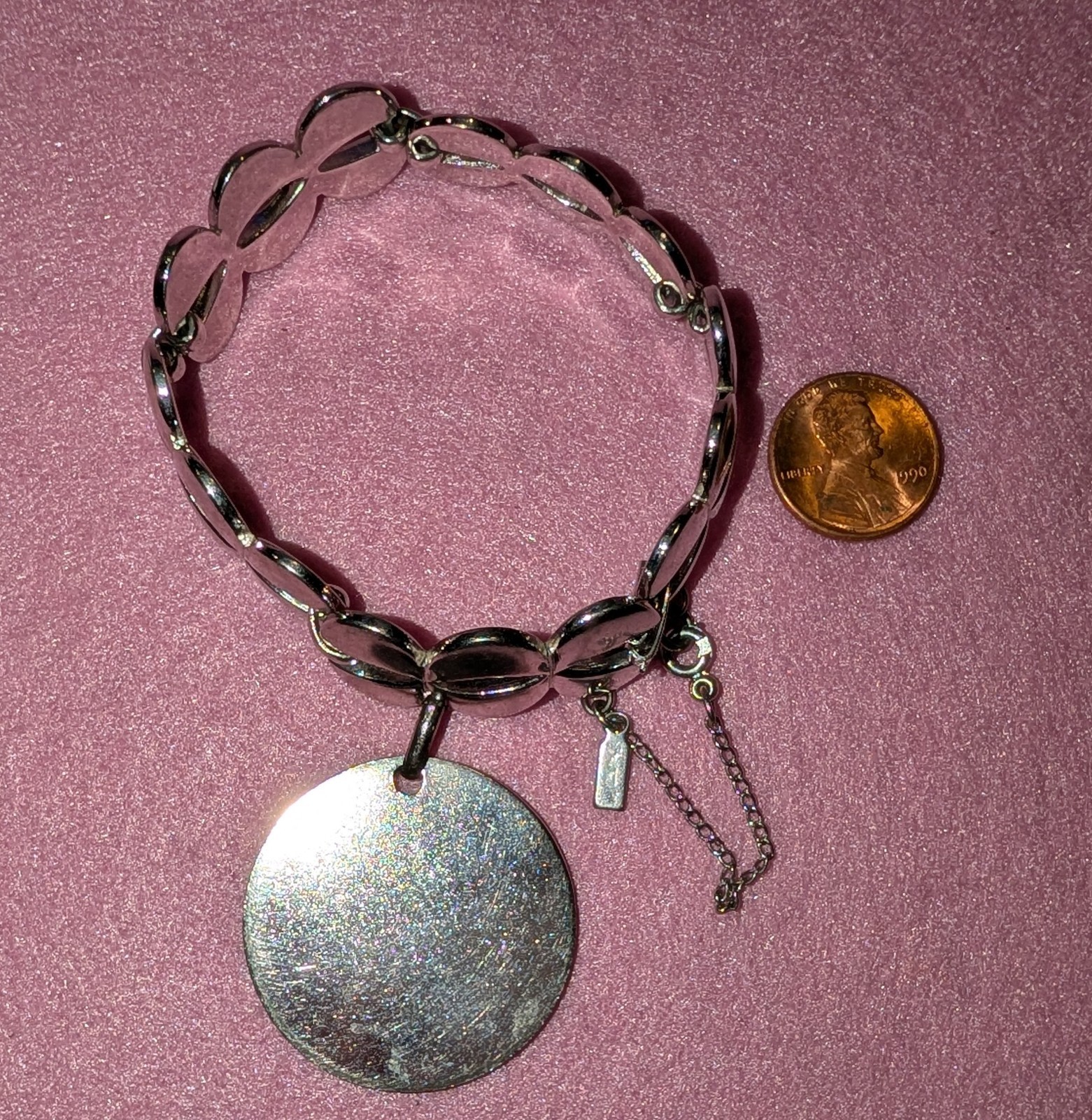 Silver Tone Link Charm Bracelet Round Disc Dangle Adjustable Lobster No Stone