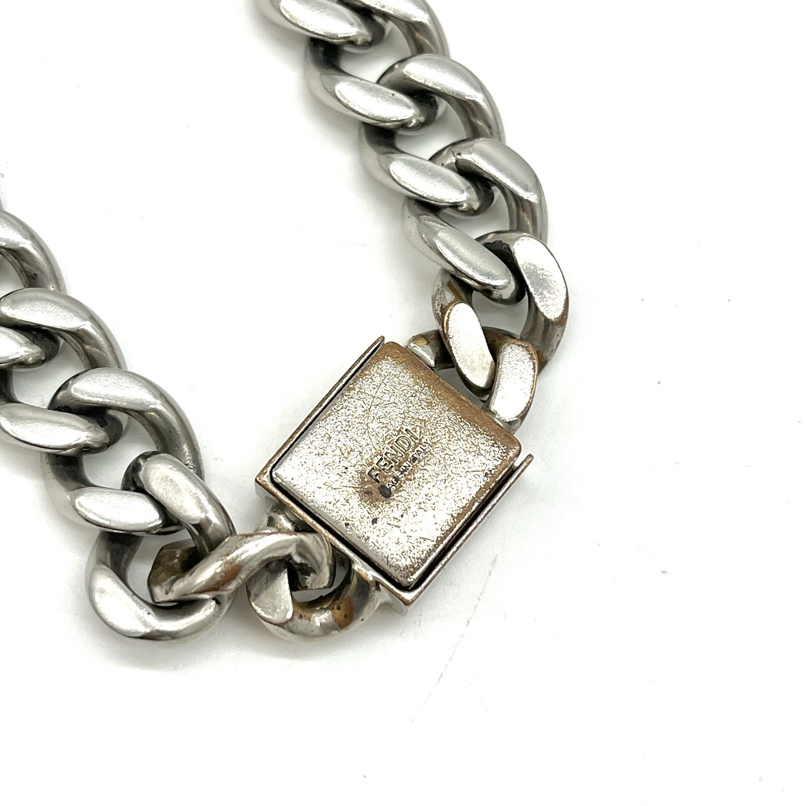 Auth Fendi FF Logo Curb Chain Necklace Men’s 50cm – Palladium Plated 2Y3097