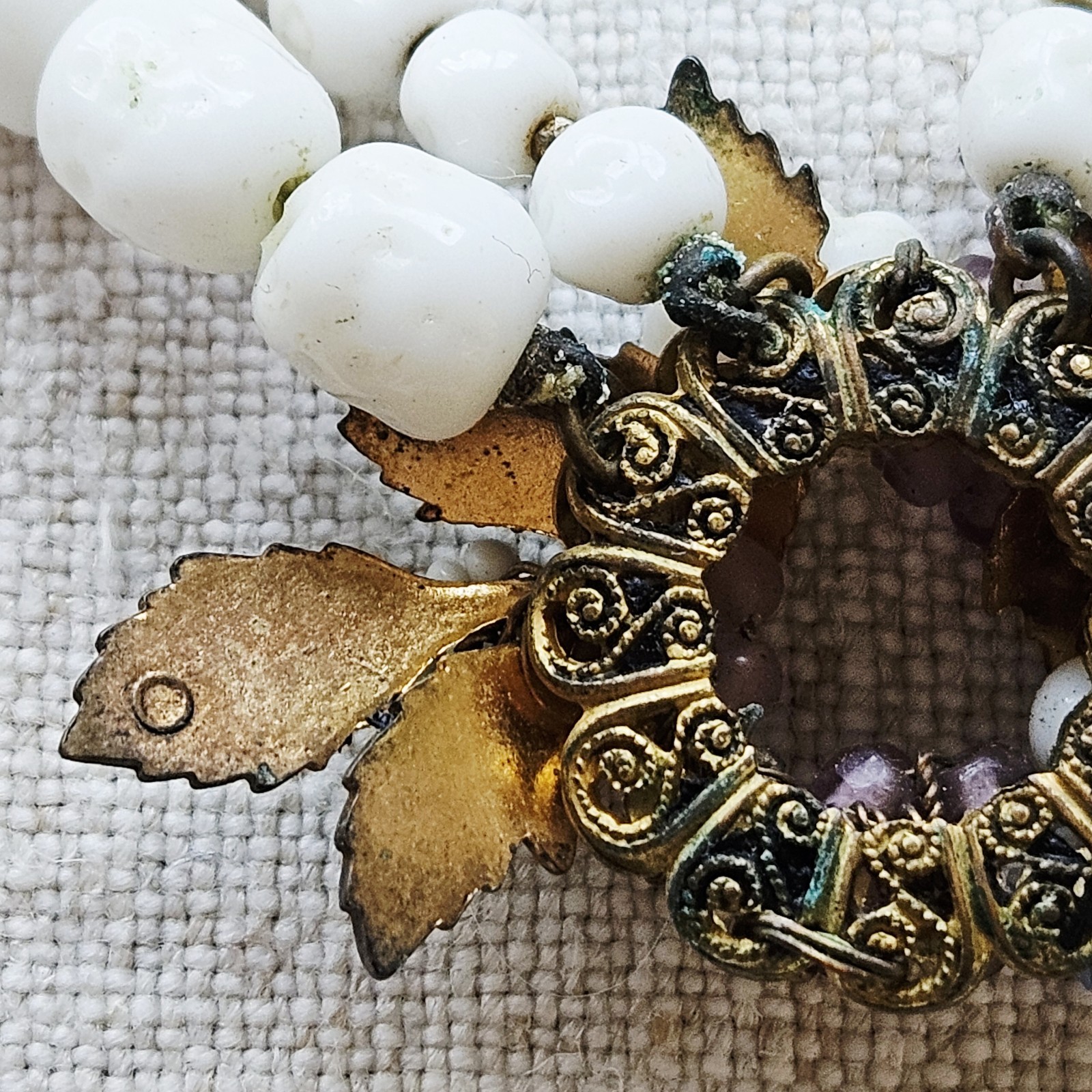 Unsigned Miriam Haskell Floral Pendant Double Strand Milk Glass Beaded Necklace