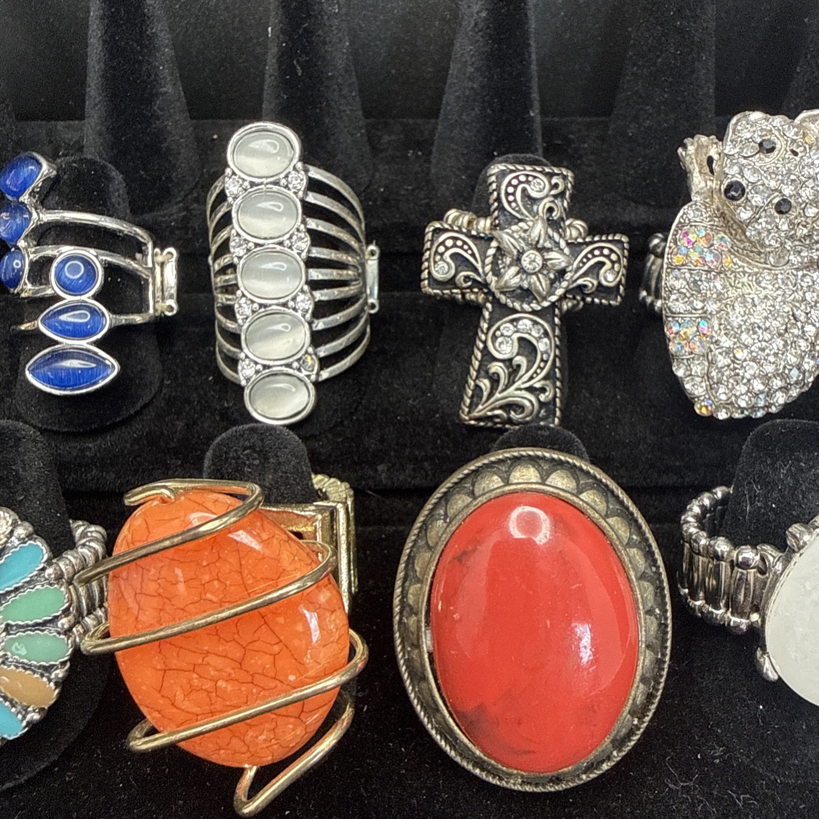 Lot of 12 Stretch Rings Silver Gold & Copper Tone Costume Jewelry Various Sizes