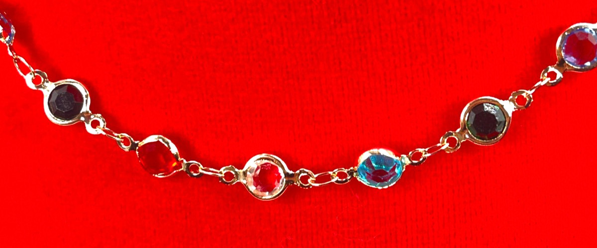 Necklace Gold Tone Blue, Red, Green, White & Black Faceted Crystals. Length 20″