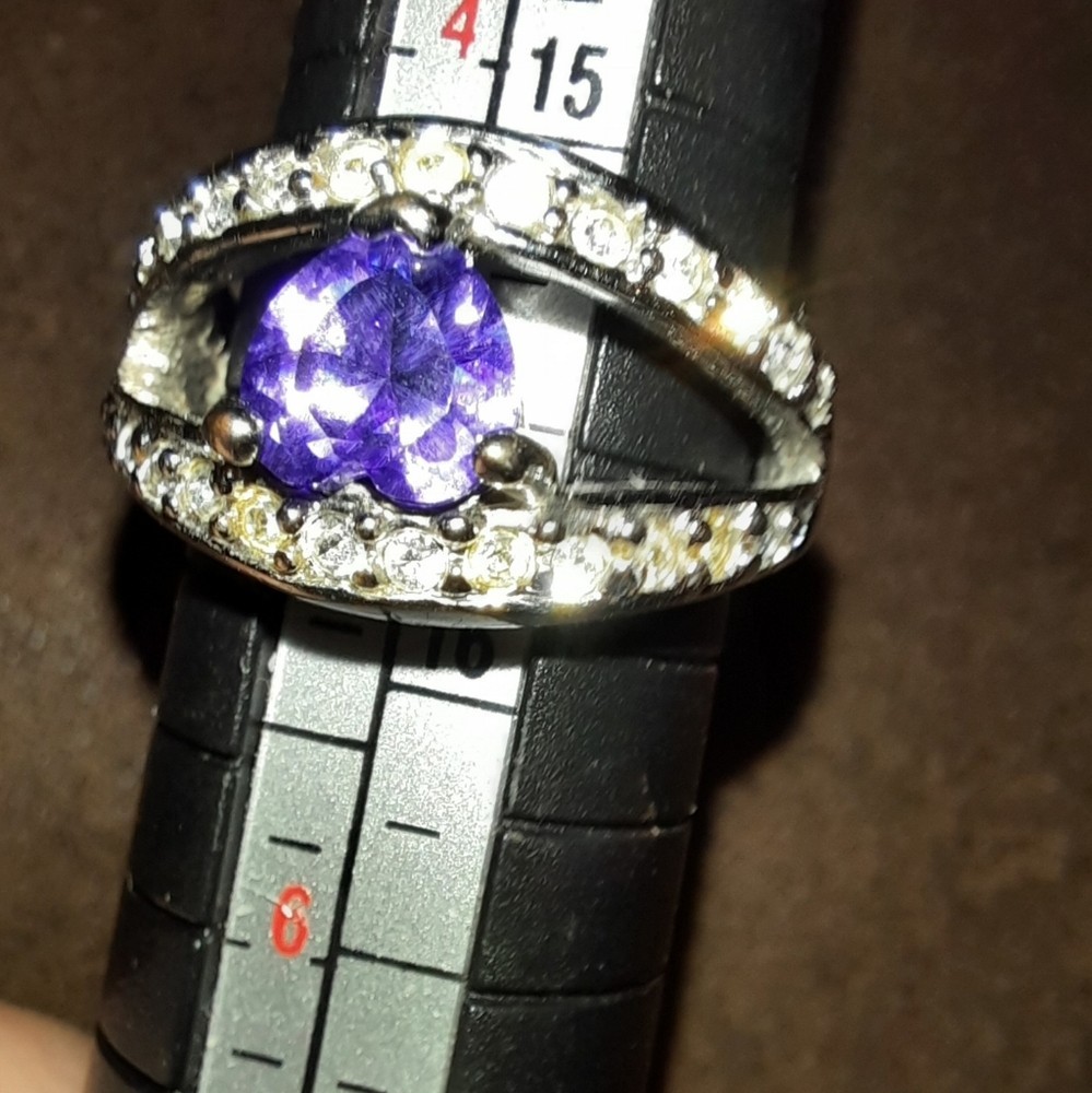 Heart purple amethyst faux gemstones ring silvertone size 5 US cocktail