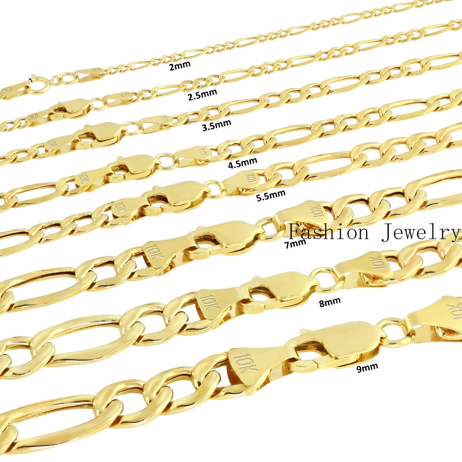 10K Yellow Gold 3.5mm-9mm Italian Figaro Chain Link Bracelet Mens Women 7″ 8″ 9″