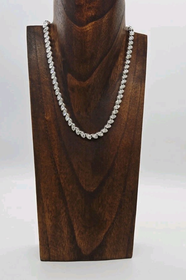 Tennis Necklace Marquise Crystal Rhinestone Silver tone Choker 17 in Adjustable