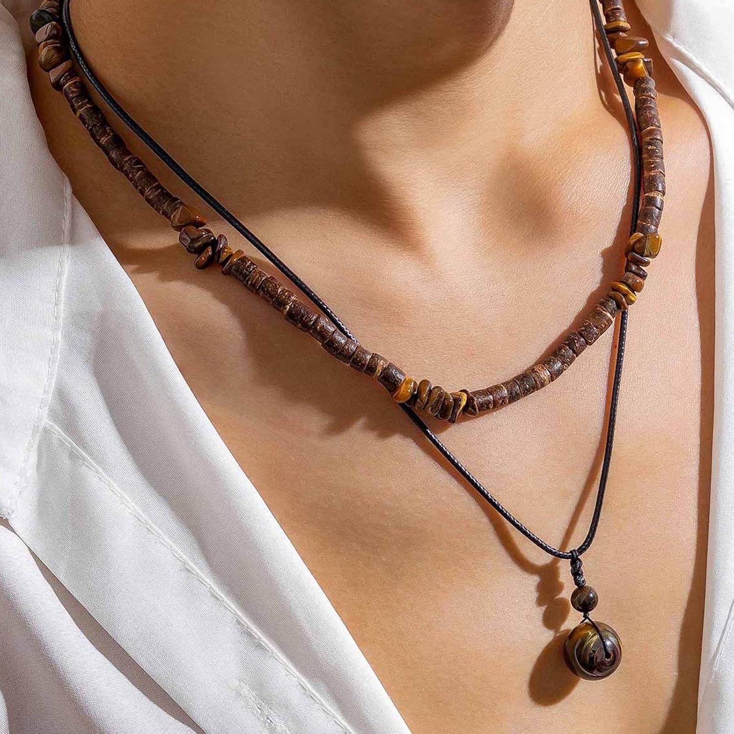 Layered Puka Shell Necklace for Men Brown Coconut Wood Beads Necklace Boho Mens