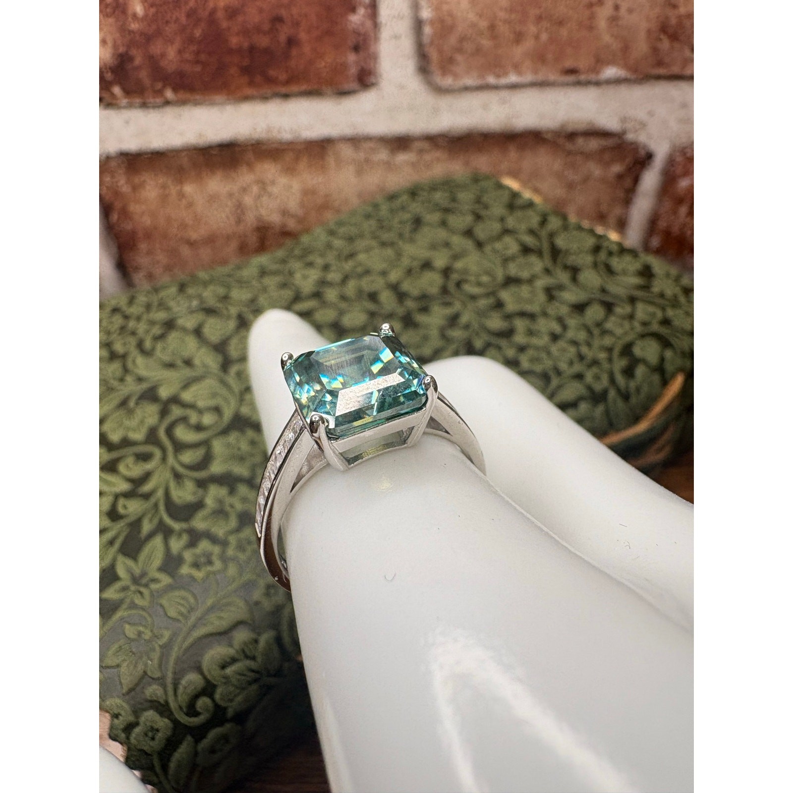 5 Carat Asscher Cut Teal Moissanite Ring 925 Sterling Silver Size 9
