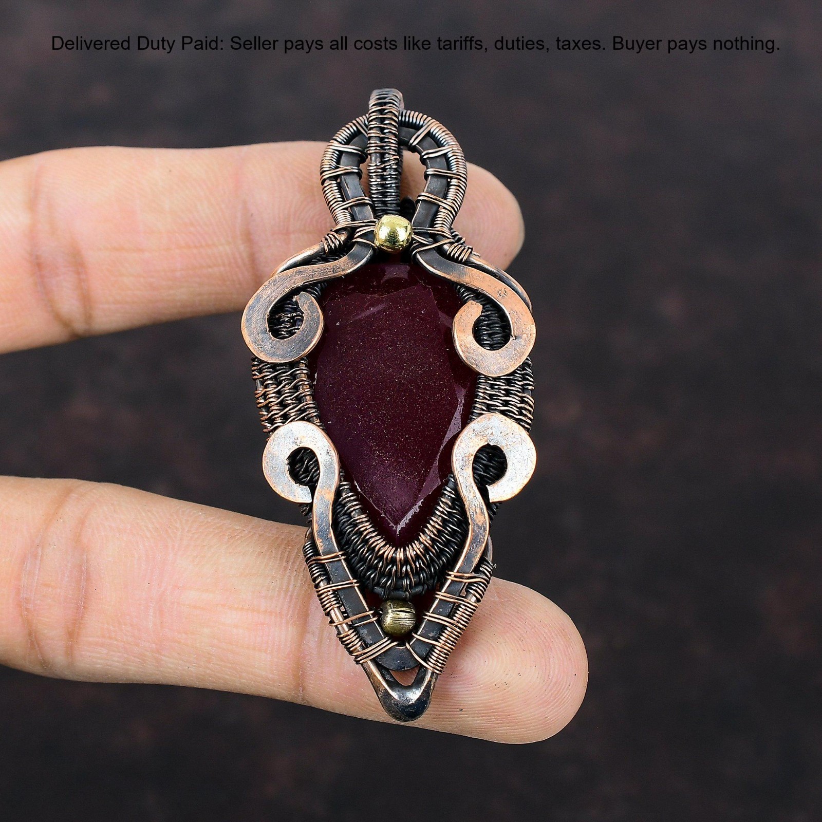 Copper Pear Kashmir Rubi Gemstone Wife Wire Wrapped Anniversary Birthday Pendant
