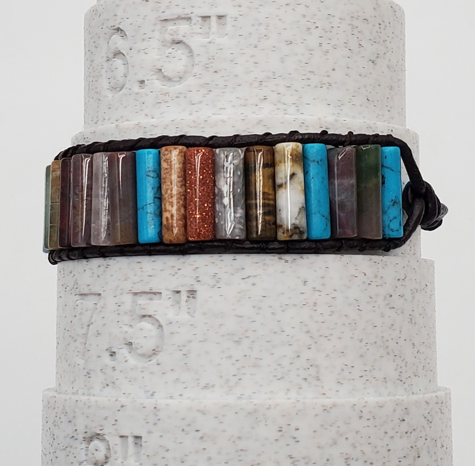Southwest Stone Leather Wrap Bracelet 7in or 8in Unisex Multicolor Tube Beads