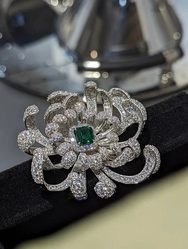 Asscher Cut Lab-Created Emerald Petal Flower Brooch Pin In 14K White Gold Plated