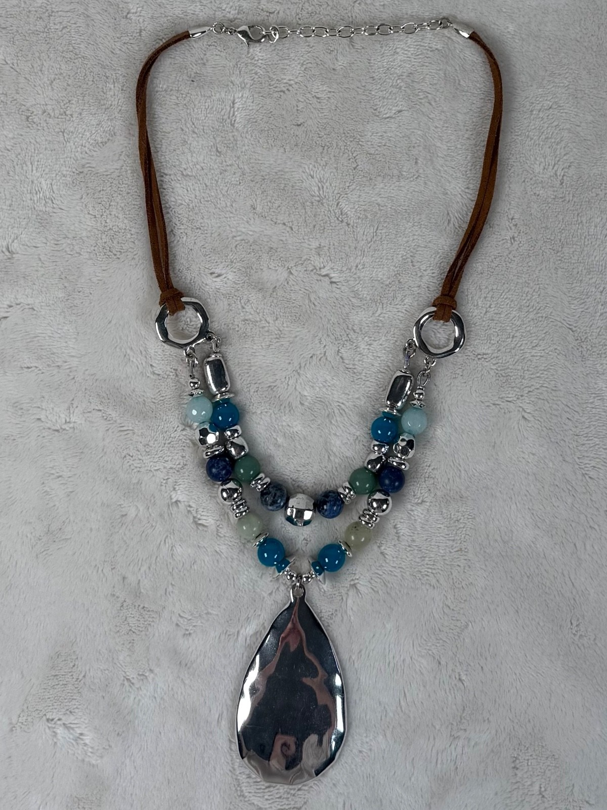 Boho Beaded Statement Necklace Brown Suede Cord Blue Green Beads Silver Pendant