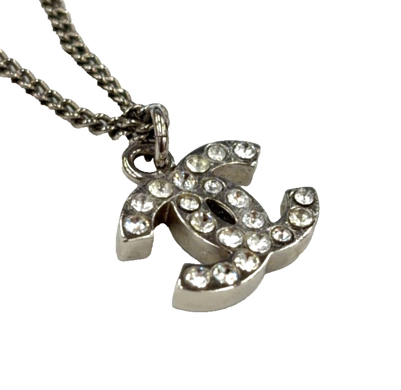 CHANEL Used CC Logos Chain Necklace Rhinestone Silver Pendant B11V Italy #EM57 O