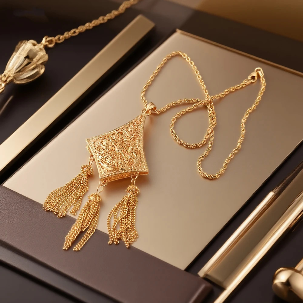 Gold Plated Algerian Women’s Classic Long Chain Tassel Pendant Necklace for Brid