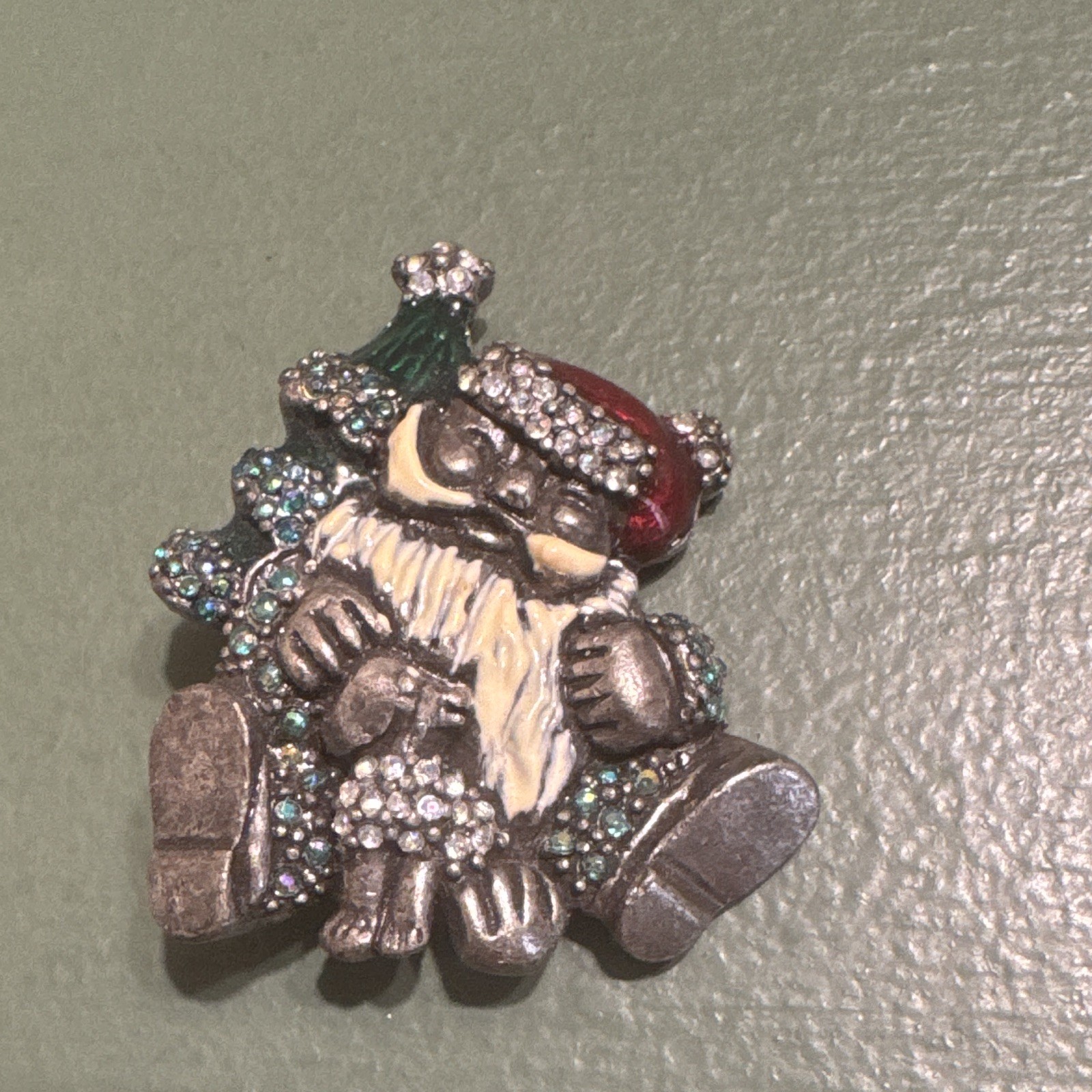Santa Claus with Dog Christmas Tree Pin Brooch Rhinestones Xmas Holiday Jewelry
