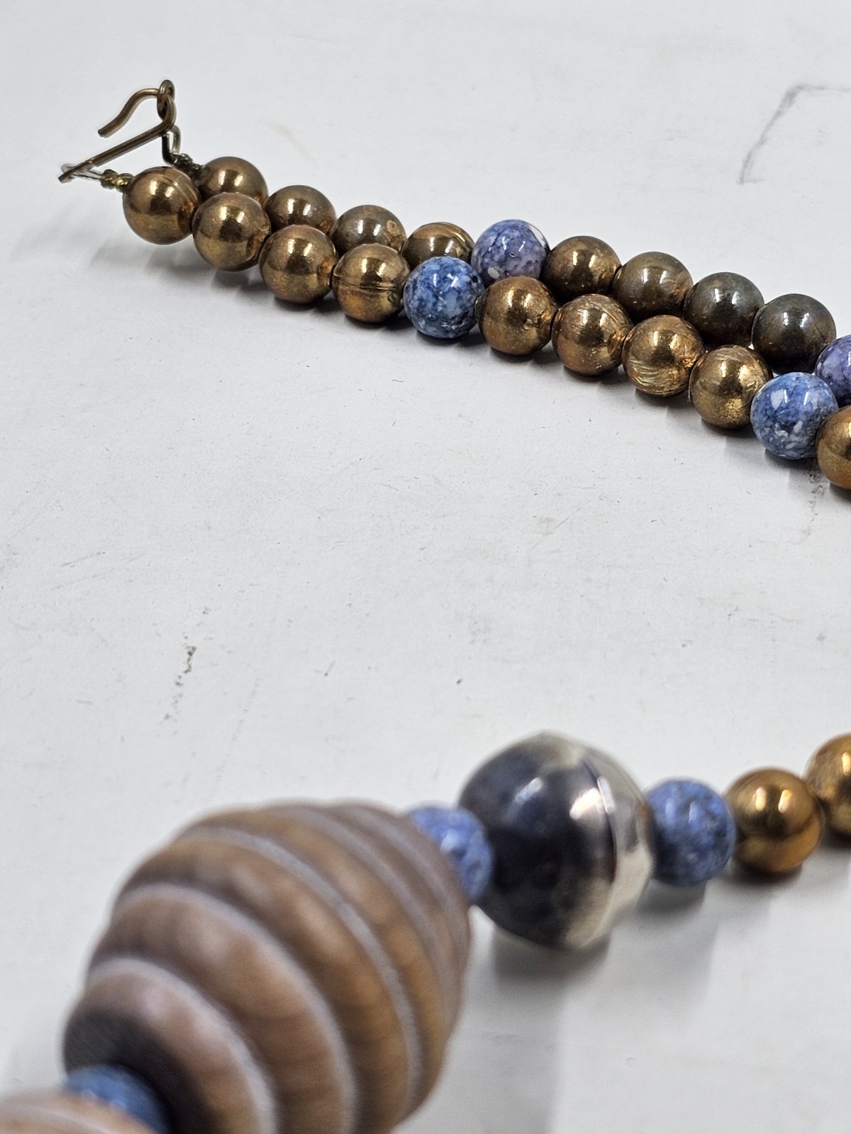 Vtg Bold Statement Necklace Carved Wood Sodalite Hammered Brass Silver Beads