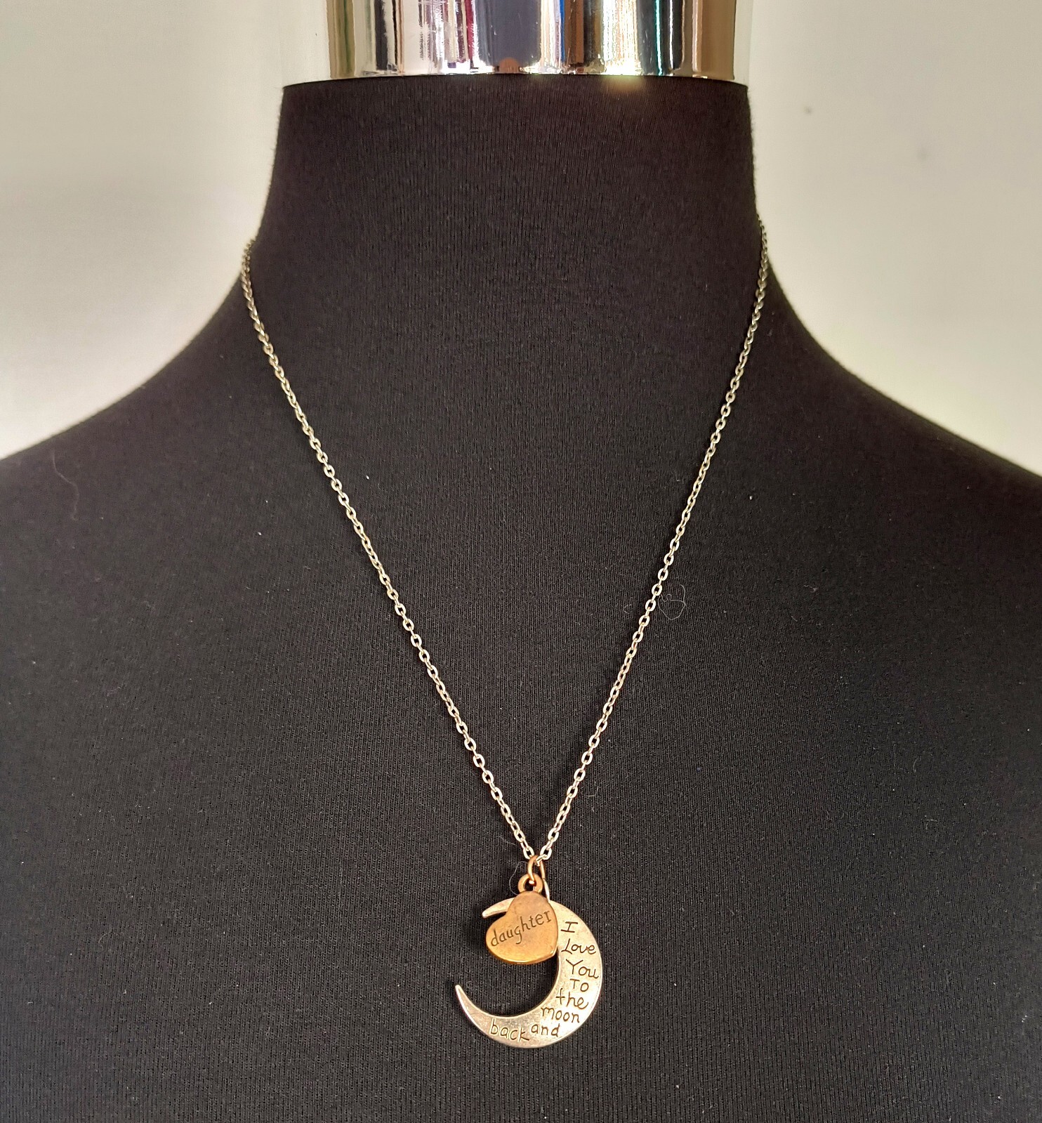 Daughter Love You To the Moon Silvertone /Brass Color Charm Necklace Adjustable
