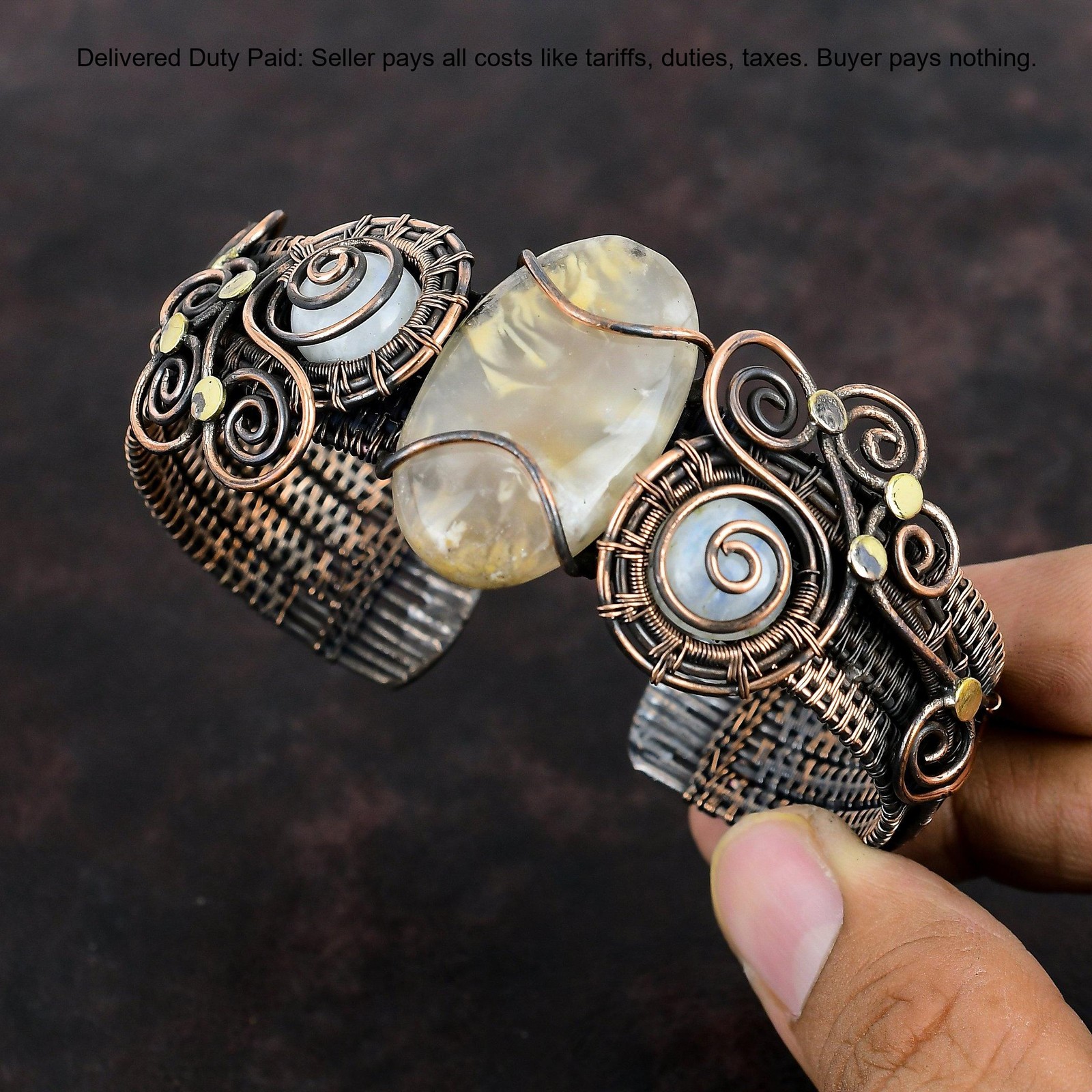 Copper Oval Natural Plume Agate Rainbow Moonstone Wire Wrapped Wife New Bangle