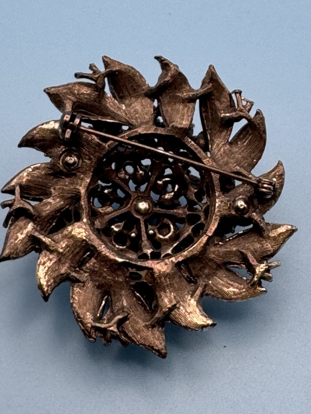 Gold Tone Floral Leaf Brooch Pin Black & Clear Round Rhinestones 2.5 in