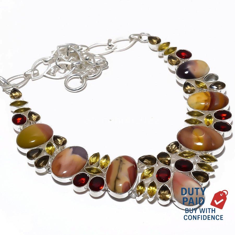 925 Silver Mookaite Citrine Channel Set Hook Anniversary Chain Mother Necklace