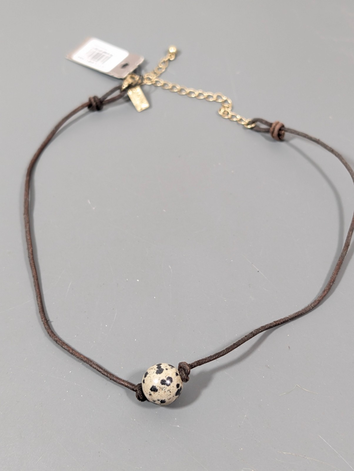 Canvas Spotted Dalmation Jasper Stone Brown Leather Cord Necklace Boho 17 in