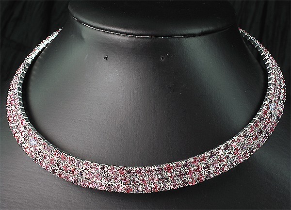 Elegant pink 3 row crystal rhinestone choker Bridal or other S122