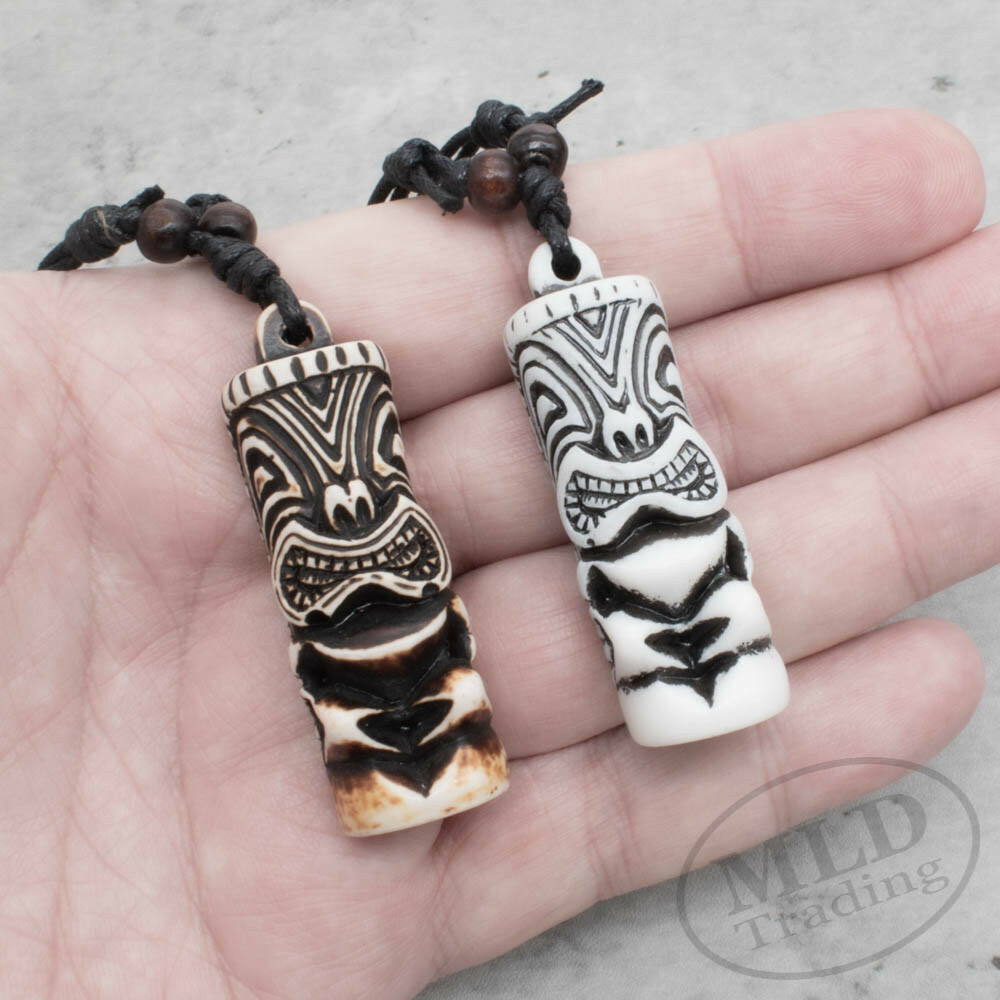 Hawaiian Style TV Show Surfer Tiki Pendant Bone Necklace – 2 Colors Brown White