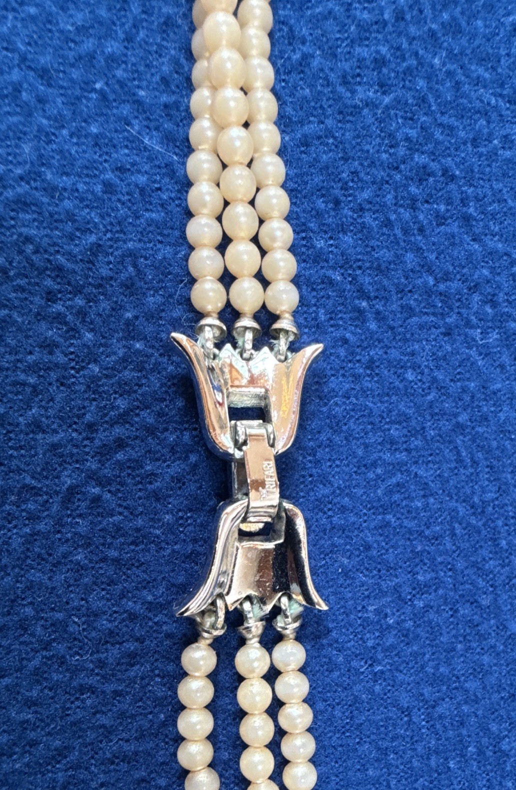 Vintage Crown Trifari 4-Strand Faux Pearl Necklace with Matching Drop Earrings