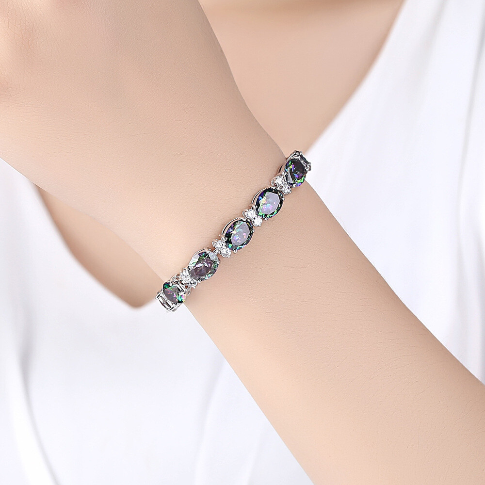 New Oval Rainbow Fire Mystic Topaz Charm Women Holiday Jewelry Silver Bracelets