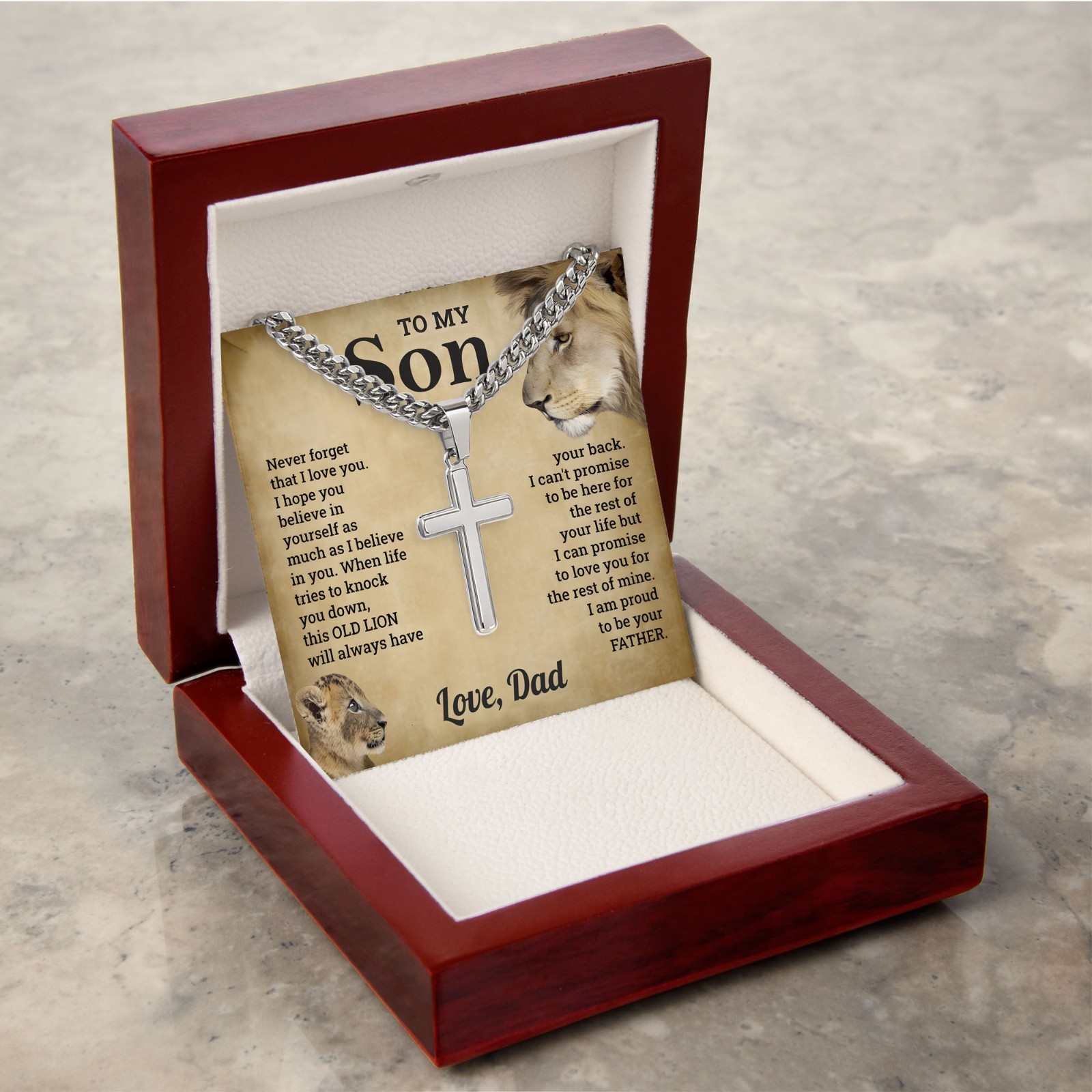 To My Son Cross Necklace Cuban Chain from Dad Lion Faith Jewelry Bday Graduation
