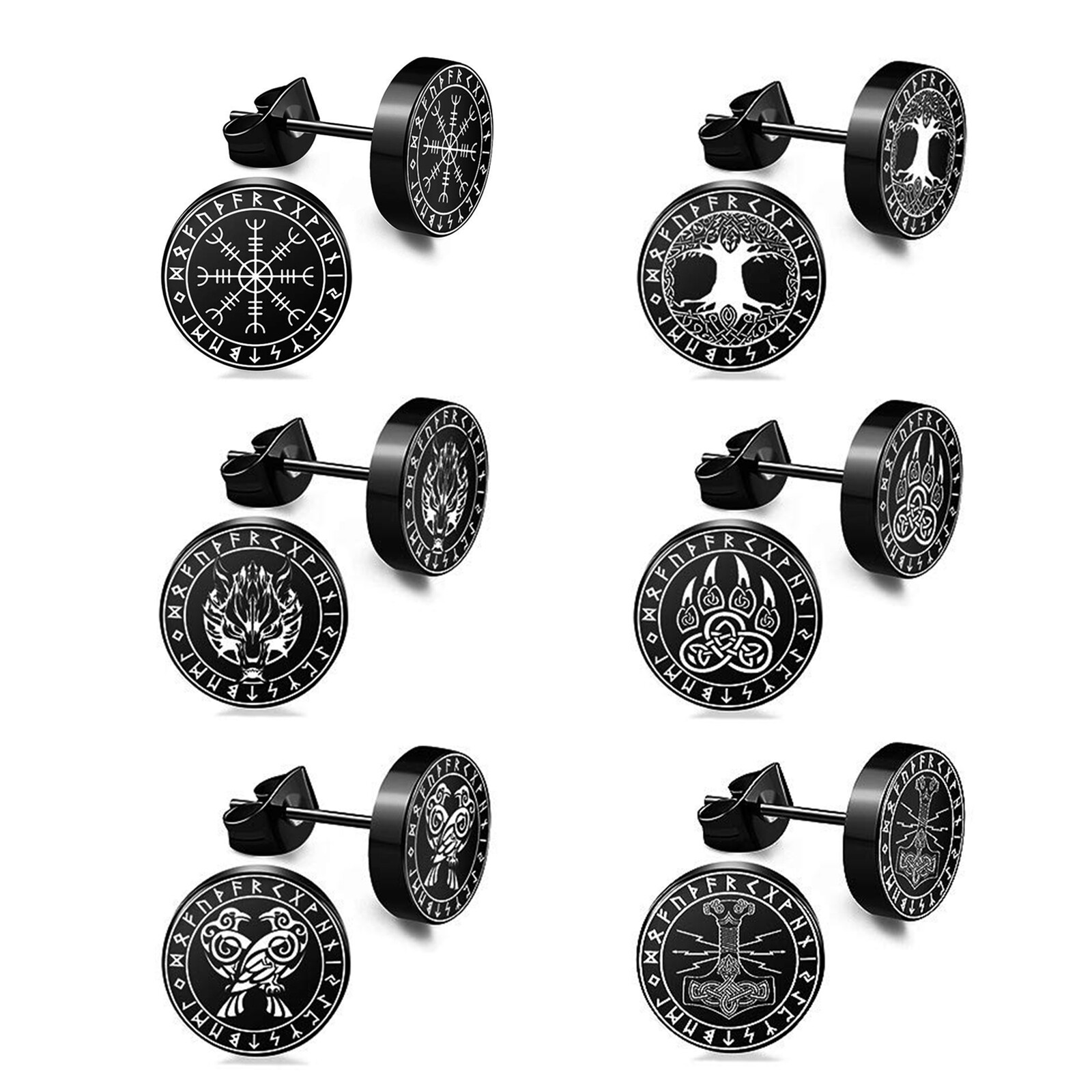 12pcs Mens Nordic Viking Rune Round Black Earrings Set Stainless Steel Ear Studs