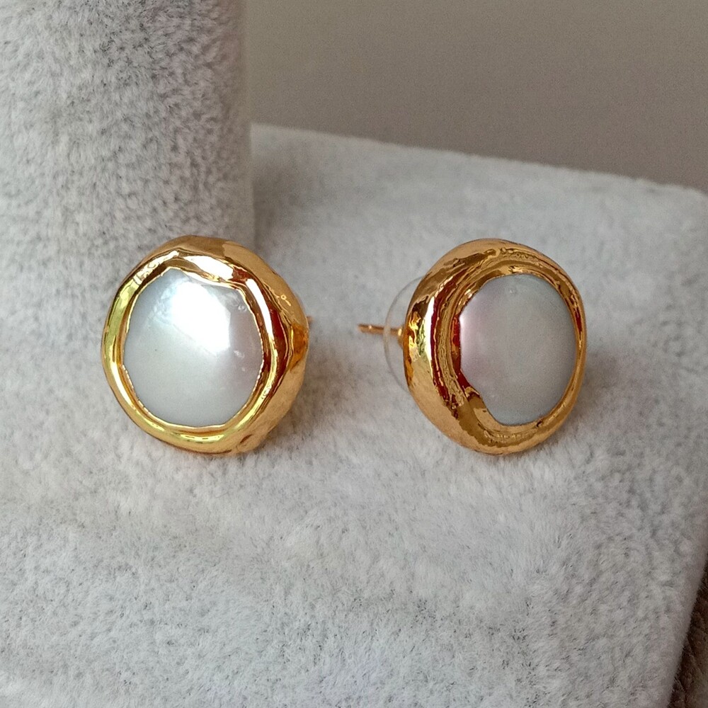 Freshwater White Coin Pearl Bezel Gold Plated Stud Earrings