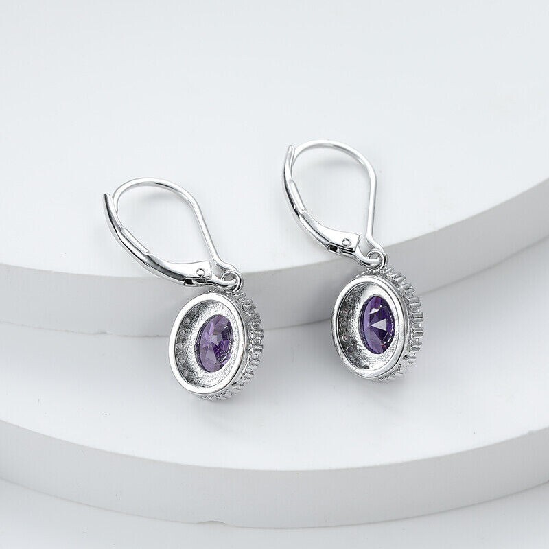 3Ct Oval Simulated Amethyst Women’s Halo Drop Earrings In 14K White Gold Plated
