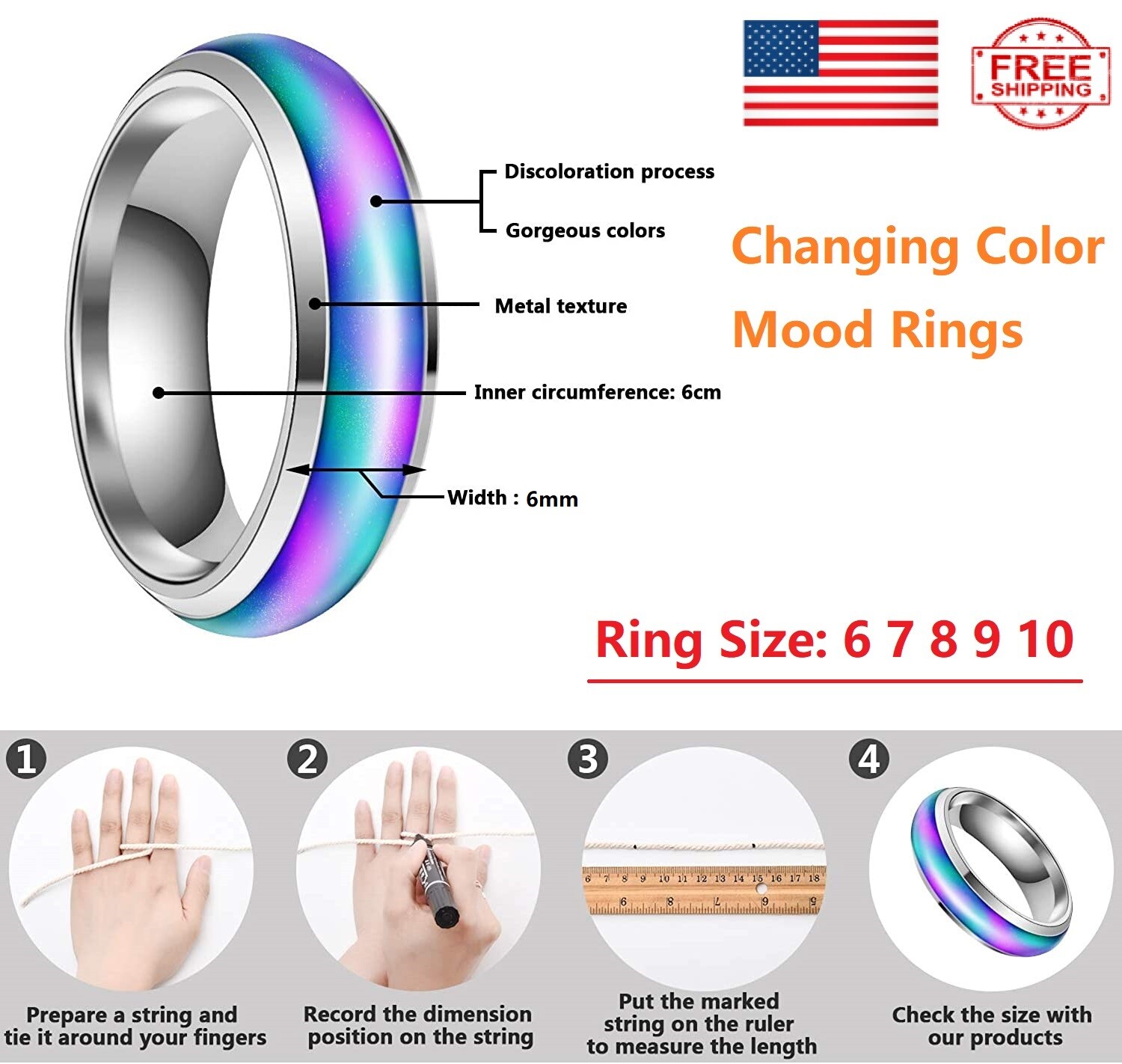 Stainless Steel Temperature Color Changing Wedding Band Mood Ring Gift Unisex