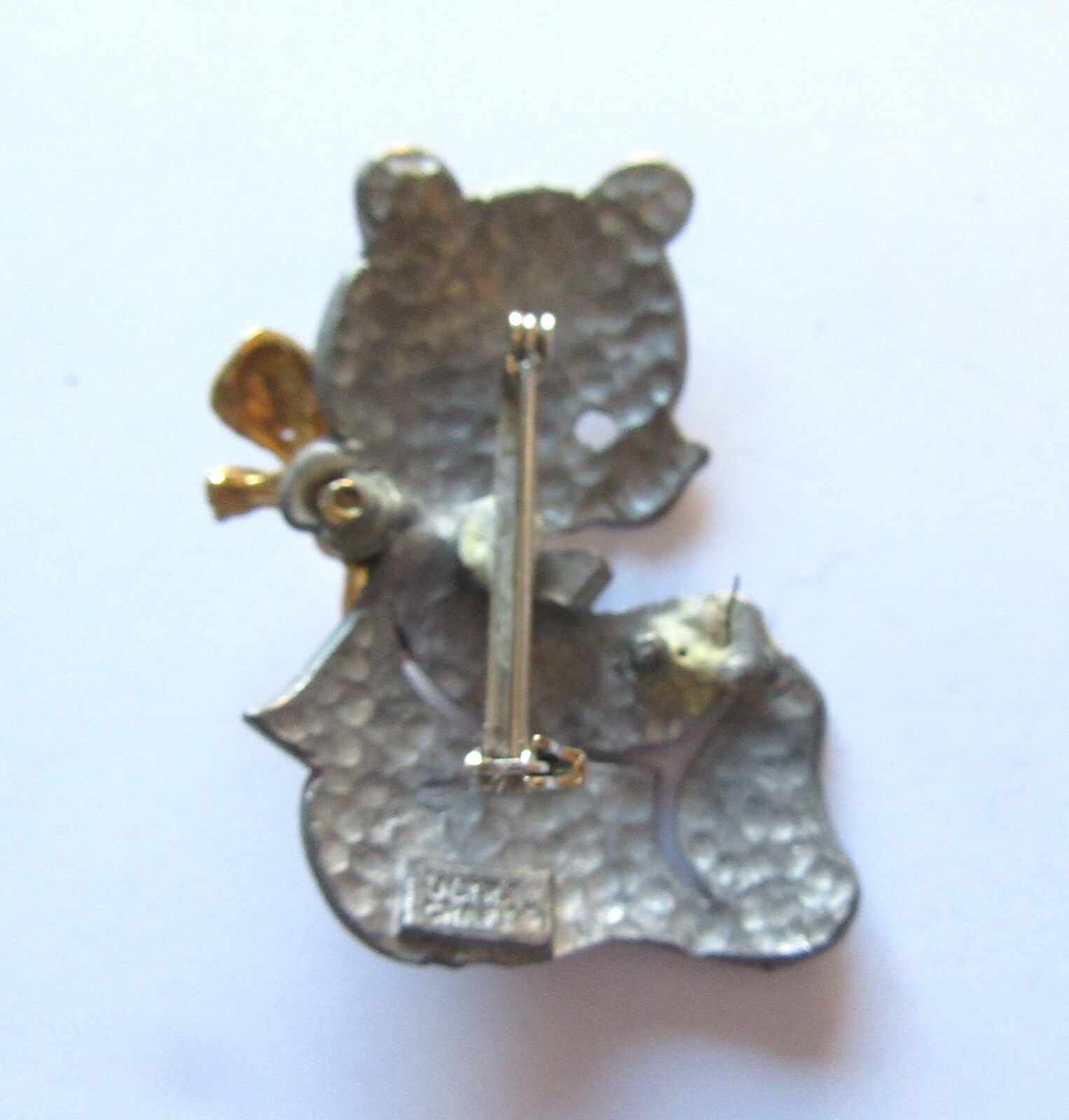 Ultra Craft Pin/Brooch- BEAR- dark -silver color- gold color bow