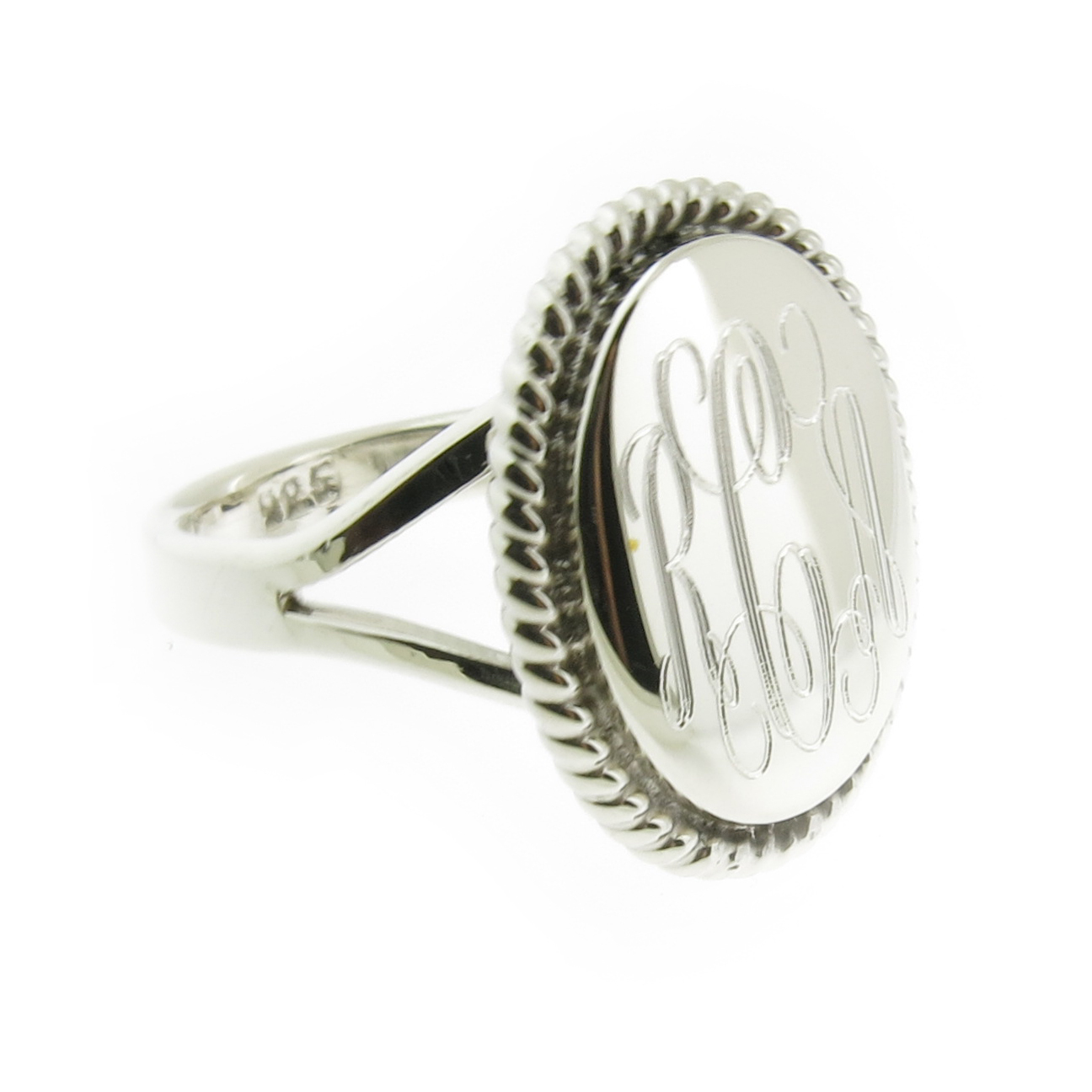 925 Sterling Silver High Polished Monogram Oval with Rope Edge Signet Ring