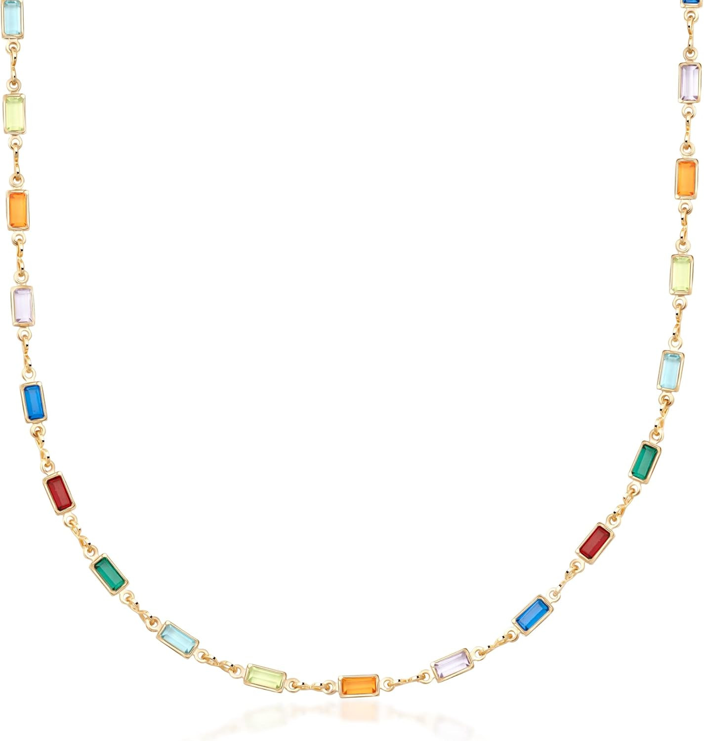 18K Gold Plated Multi Stone Crystal Baguette Necklace for Women – Made in Brazil